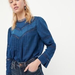 J. Crew Lace-Trim Indigo Blouse Women’s Sz S High Neck Pleated Peasant Victorian
